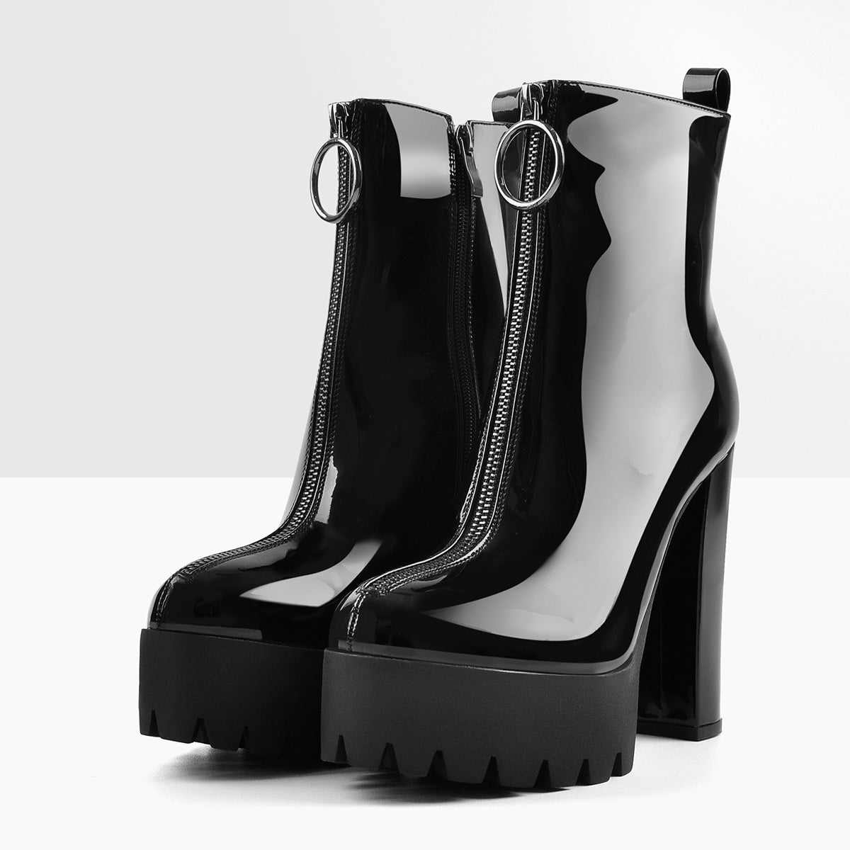 Round Toe Black Patent Leather Platform Chunky High Heel Ankle Boots - Onlymaker Featured