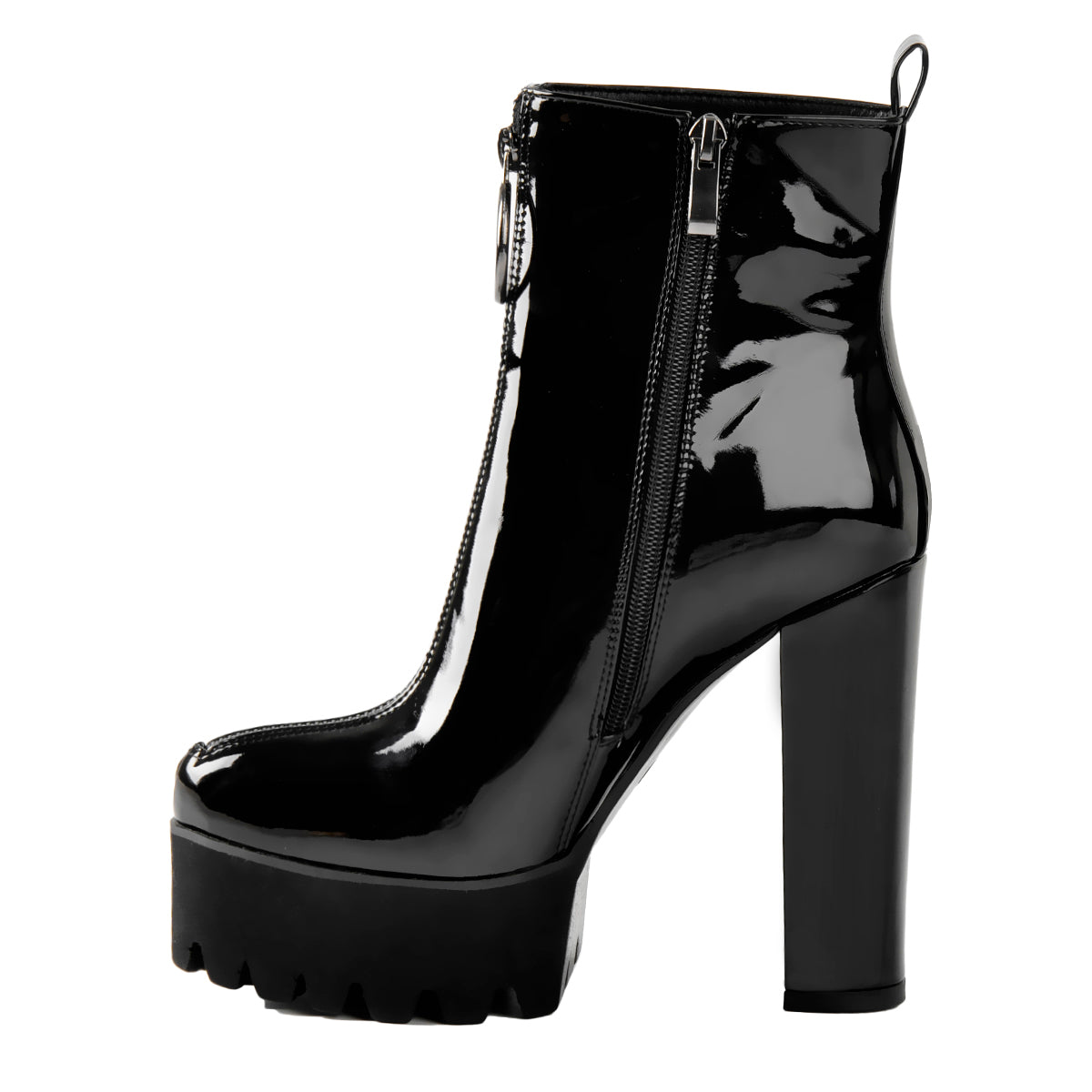 Round Toe Black Patent Leather Platform Chunky High Heel Ankle Boots - Onlymaker Featured