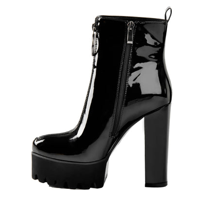 Round Toe Black Patent Leather Platform Chunky High Heel Ankle Boots - Onlymaker Featured