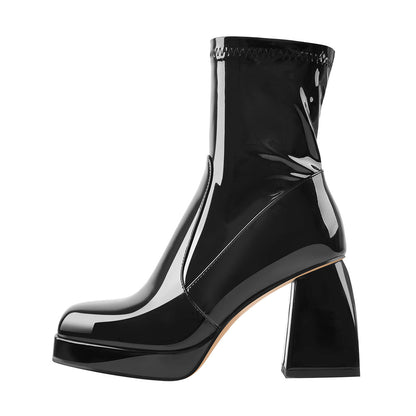 Black Patent Leather Square Chunky Heels Platform Ankle Boots - Onlymaker Discount