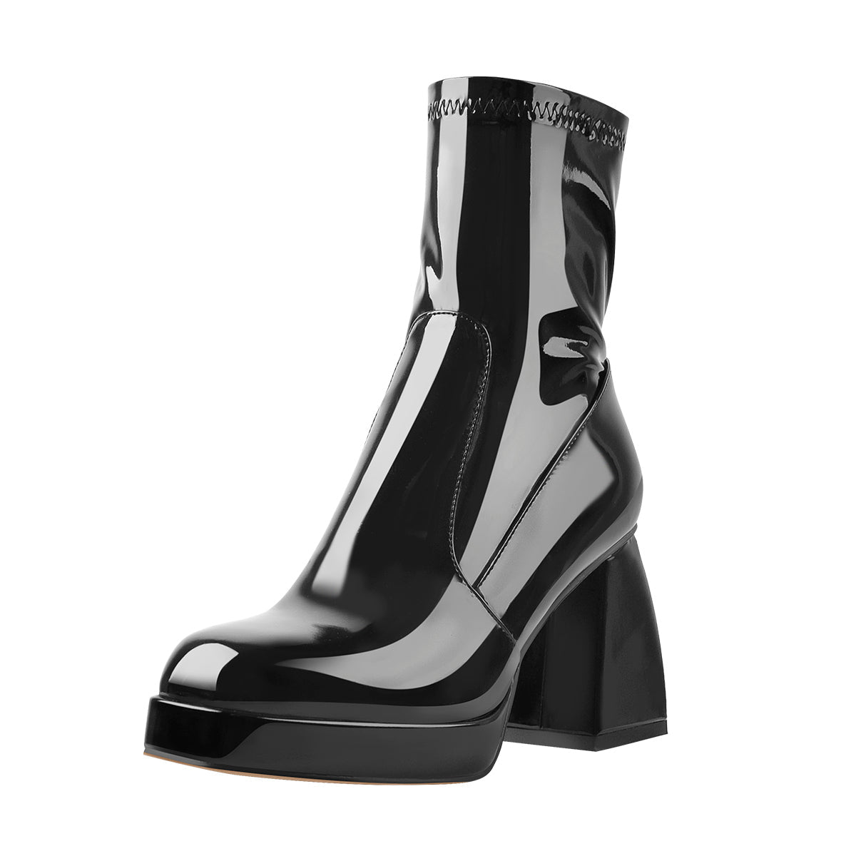 Black Patent Leather Square Chunky Heels Platform Ankle Boots - Onlymaker Discount