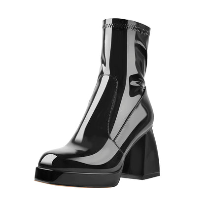 Black Patent Leather Square Chunky Heels Platform Ankle Boots - Onlymaker Discount