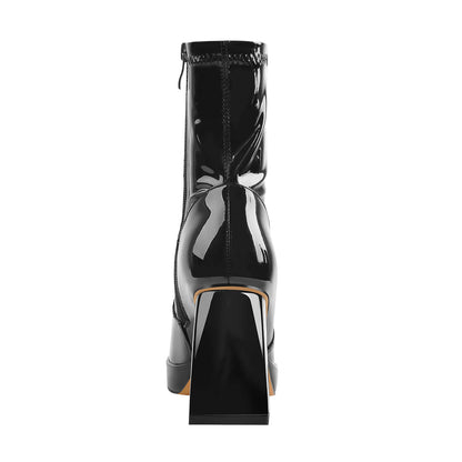 Black Patent Leather Square Chunky Heels Platform Ankle Boots - Onlymaker Discount