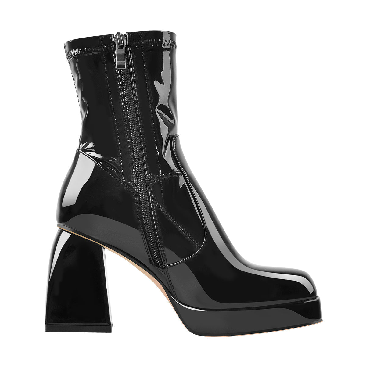 Black Patent Leather Square Chunky Heels Platform Ankle Boots - Onlymaker Discount
