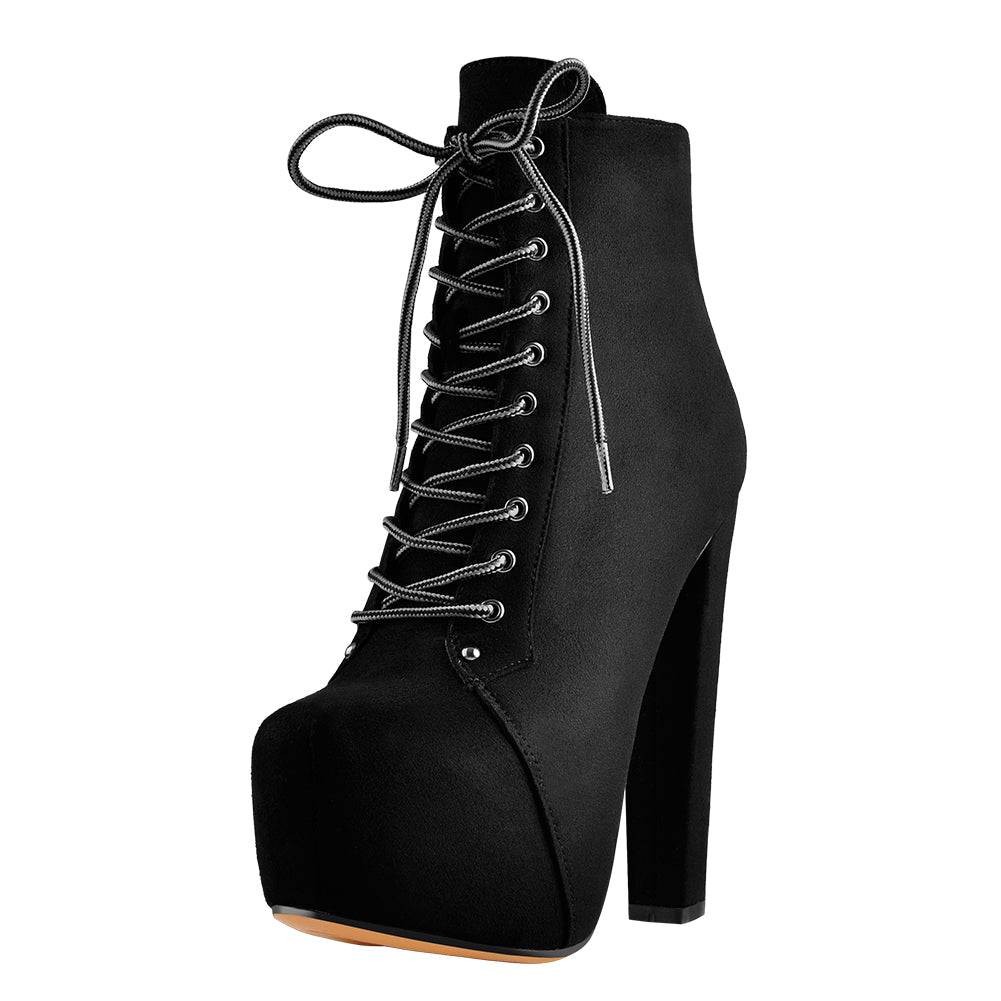 Black Suede Platform Round Toe Chunky Heel Ankle Boots - Onlymaker Latest