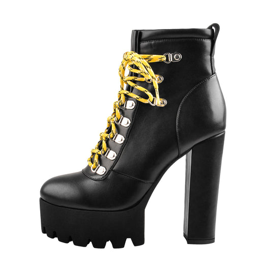 Yellow Strappy Round Toe Platform Chunky Heels Ankle Boots - Onlymaker Recommended