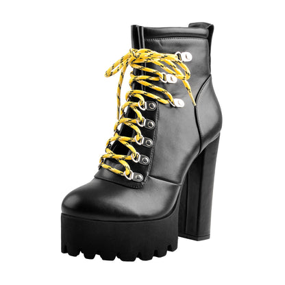Yellow Strappy Round Toe Platform Chunky Heels Ankle Boots - Onlymaker Recommended