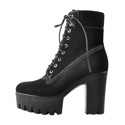 Platform Lace Up Elastic Chunky Heel Ankle Boots - Onlymaker Everyday