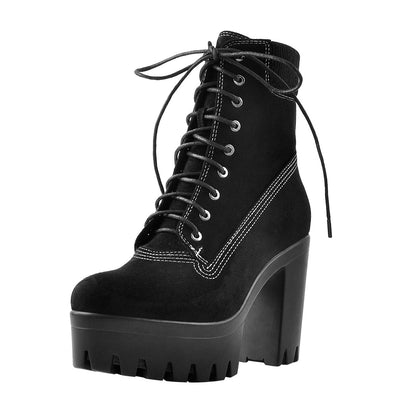 Platform Lace Up Elastic Chunky Heel Ankle Boots - Onlymaker Everyday