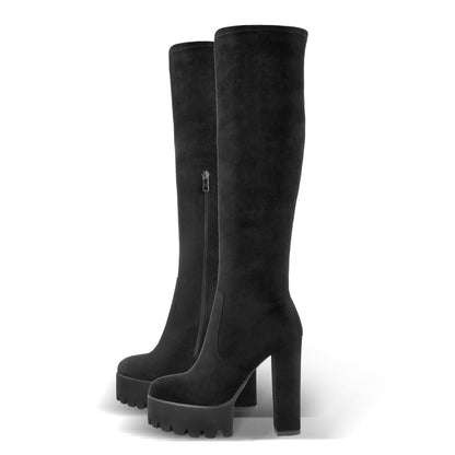 Platform Chunky Heels Round Toe Black Suede Over The Knee Boots - Onlymaker Discount