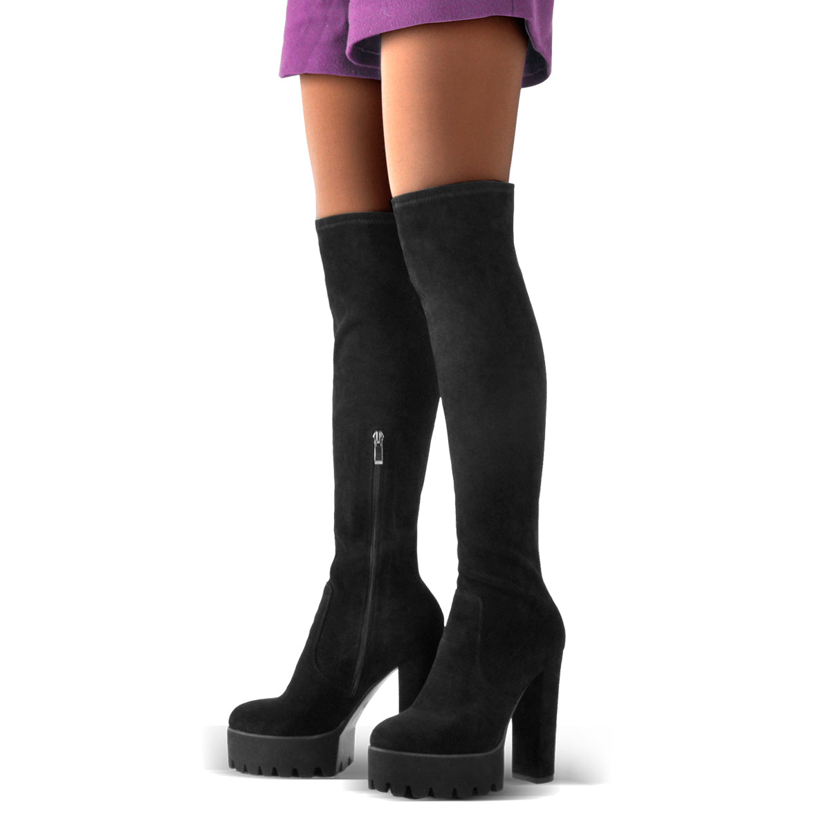 Platform Chunky Heels Round Toe Black Suede Over The Knee Boots - Onlymaker Discount