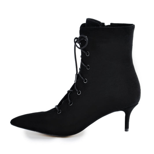 Kitten Low Heel Pointed Toe Lace Up Ankle Boots - Onlymaker Classic