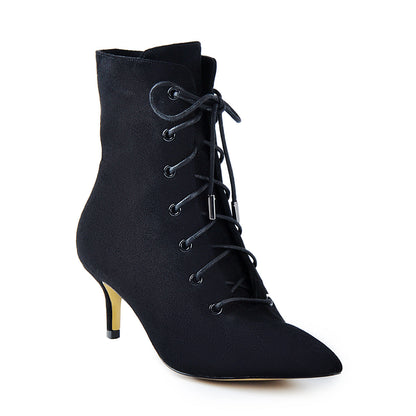 Kitten Low Heel Pointed Toe Lace Up Ankle Boots - Onlymaker Classic