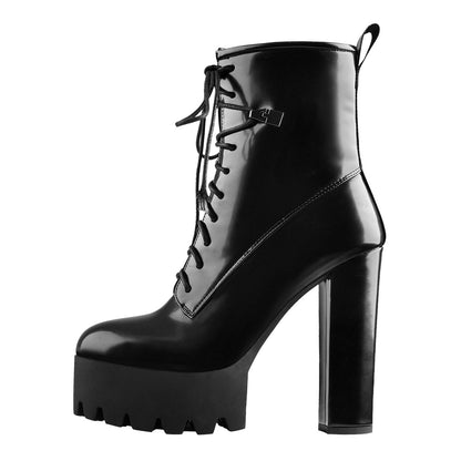 Lace Up Platform Round Toe Chunky Heels Ankle Boots - Onlymaker Signature