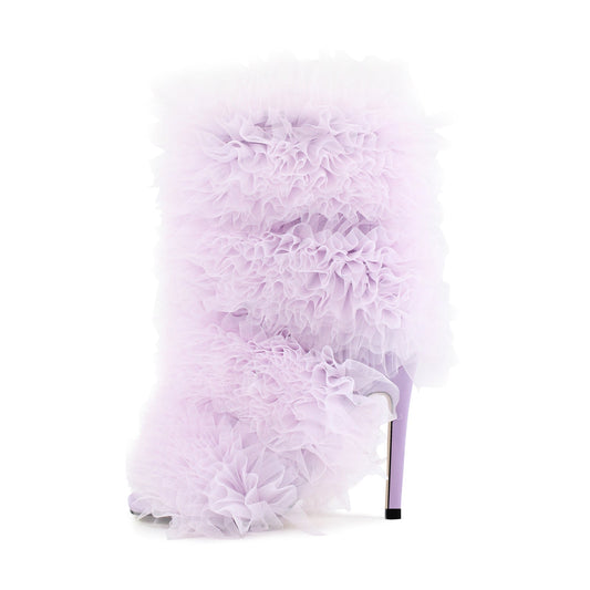 Purple Ruffled Lace Open Toe Stiletto Ankle Boots - Onlymaker Signature