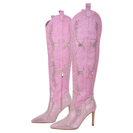Pointed Toe Stiletto Rhinestone Over The Knee Boots - Onlymaker Smart Buy