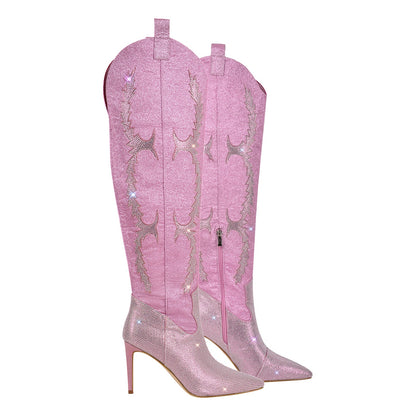 Pointed Toe Stiletto Rhinestone Over The Knee Boots - Onlymaker Smart Buy