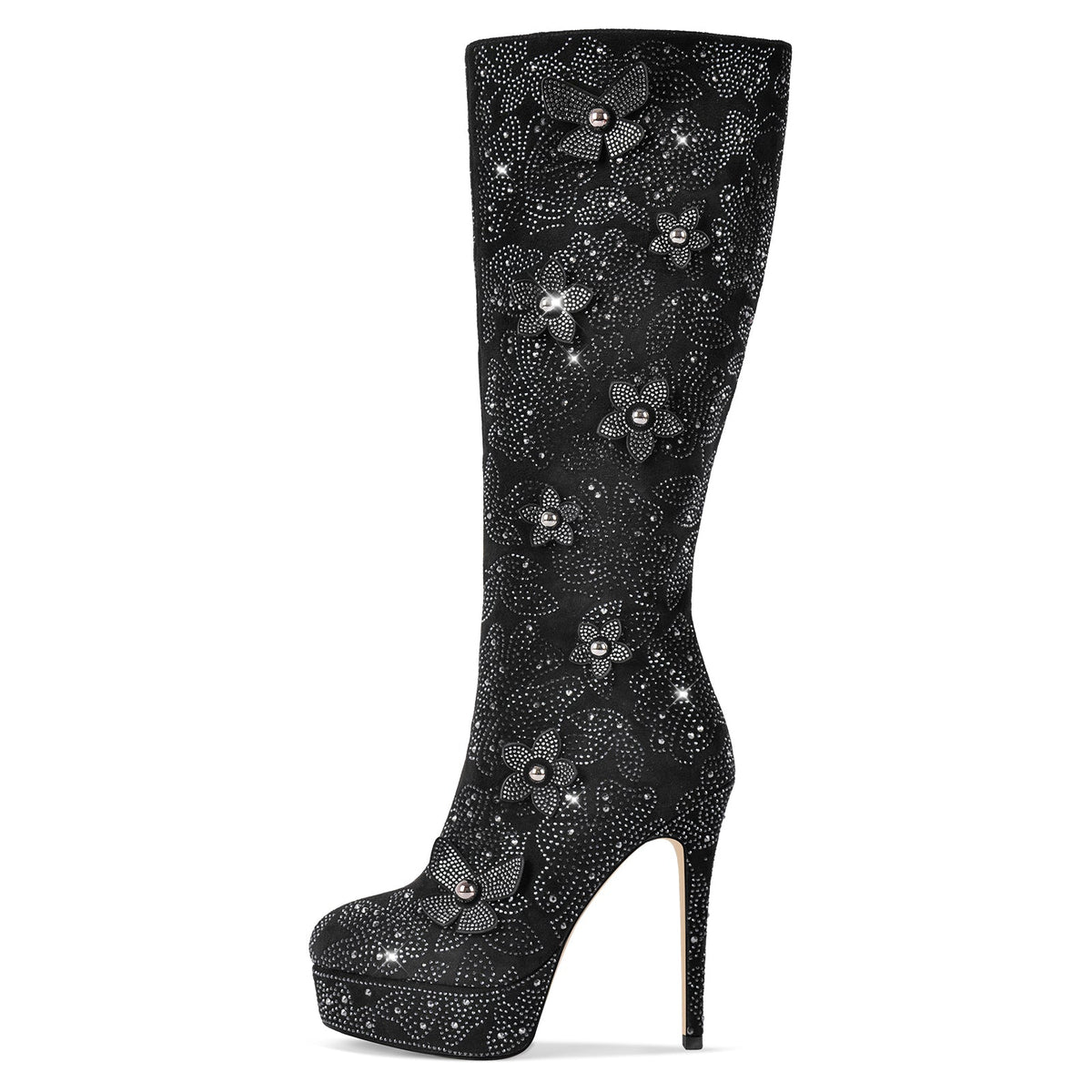 Platform Rhinestone Flower Knee High Boots - Onlymaker New
