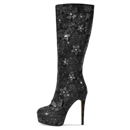 Platform Rhinestone Flower Knee High Boots - Onlymaker New