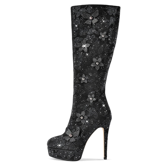 Platform Rhinestone Flower Knee High Boots - Onlymaker New