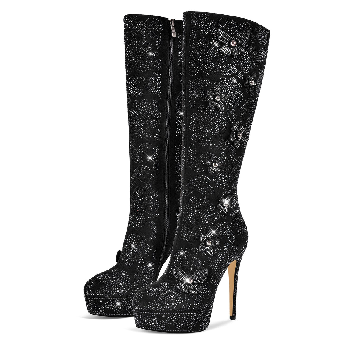 Platform Rhinestone Flower Knee High Boots - Onlymaker New