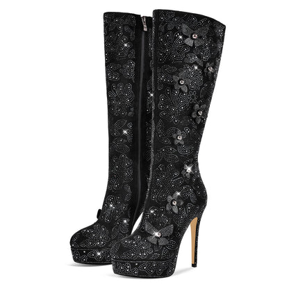Platform Rhinestone Flower Knee High Boots - Onlymaker New