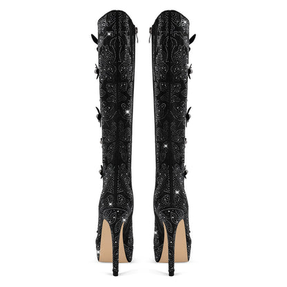 Platform Rhinestone Flower Knee High Boots - Onlymaker New