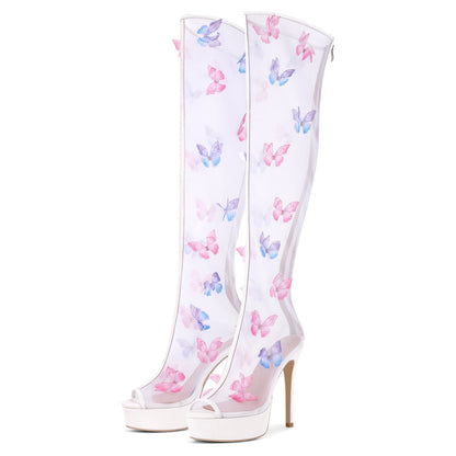Mesh Open Toe Platform Butterfly Thigh High Boots - Onlymaker Special Offer