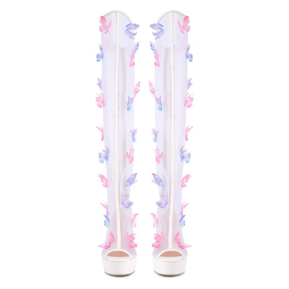Mesh Open Toe Platform Butterfly Thigh High Boots - Onlymaker Special Offer