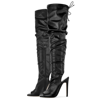 Open Square Toe Lace-up Thigh High Boots - Onlymaker Smart Buy