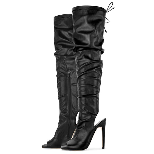 Open Square Toe Lace-up Thigh High Boots - Onlymaker Smart Buy