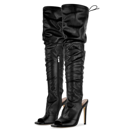 Open Square Toe Lace-up Thigh High Boots - Onlymaker Smart Buy