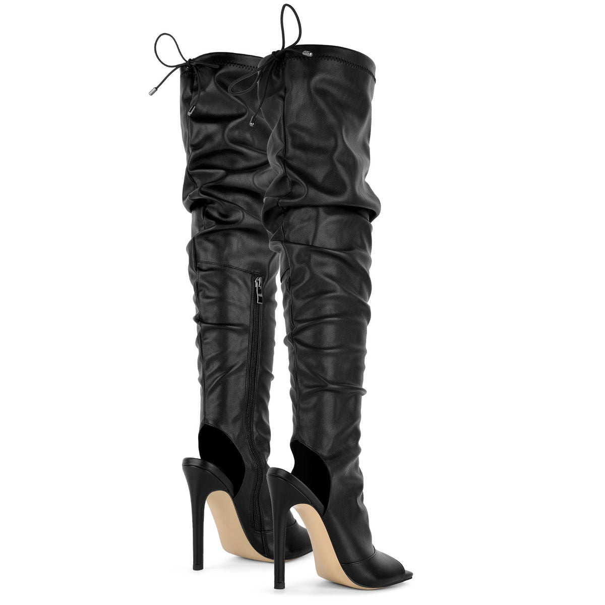 Open Square Toe Lace-up Thigh High Boots - Onlymaker Smart Buy