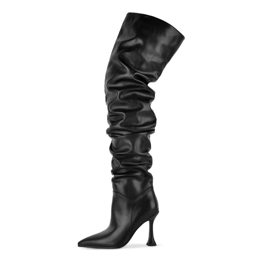 Pointed Toe Ruched Tapered Heel Thigh High Boots - Onlymaker Latest
