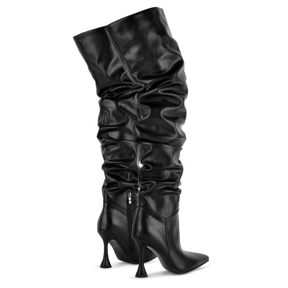 Pointed Toe Ruched Tapered Heel Thigh High Boots - Onlymaker Latest