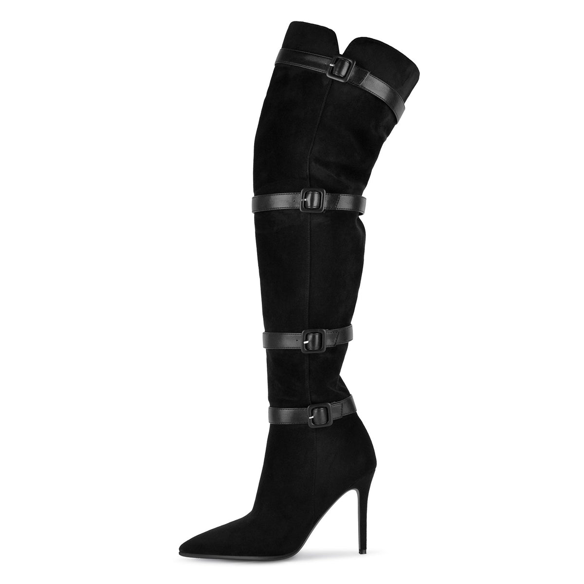 Suede Pointed Toe Buckle Strap Thigh High Boots - Onlymaker Sale