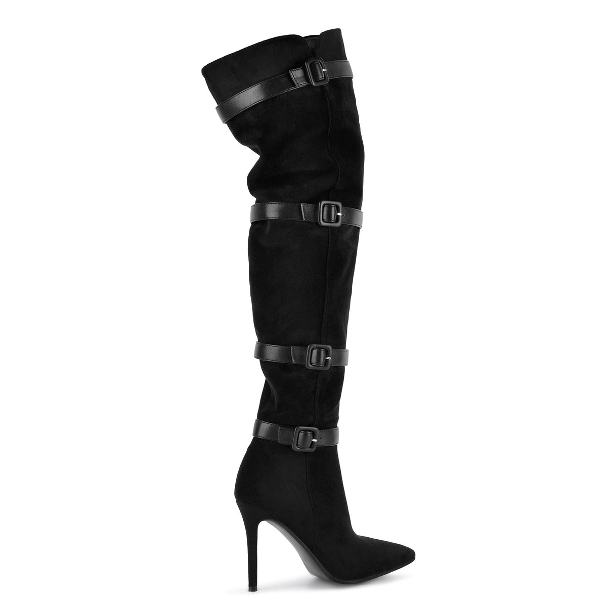 Suede Pointed Toe Buckle Strap Thigh High Boots - Onlymaker Sale