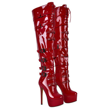 Buckles Round Toe Stilettos Over The Knee Platform Boots - Onlymaker Best Price