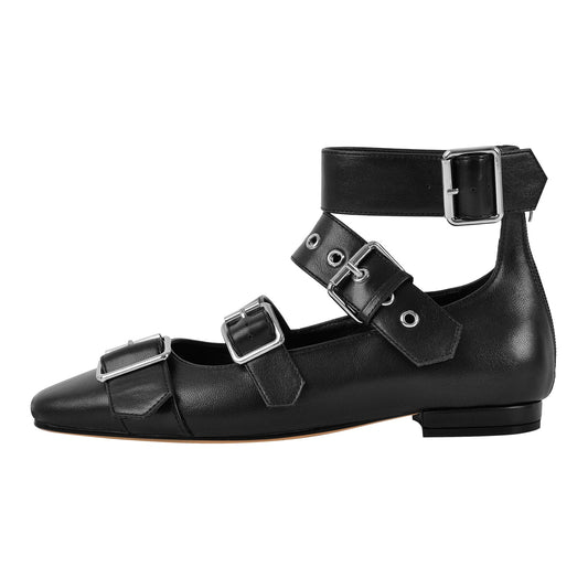 Square Toe Buckle Strap Flats - Onlymaker New