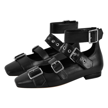 Square Toe Buckle Strap Flats - Onlymaker New