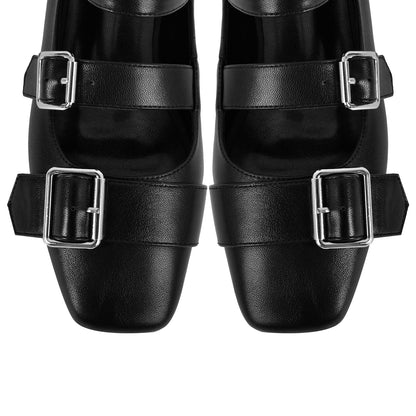 Square Toe Buckle Strap Flats - Onlymaker New