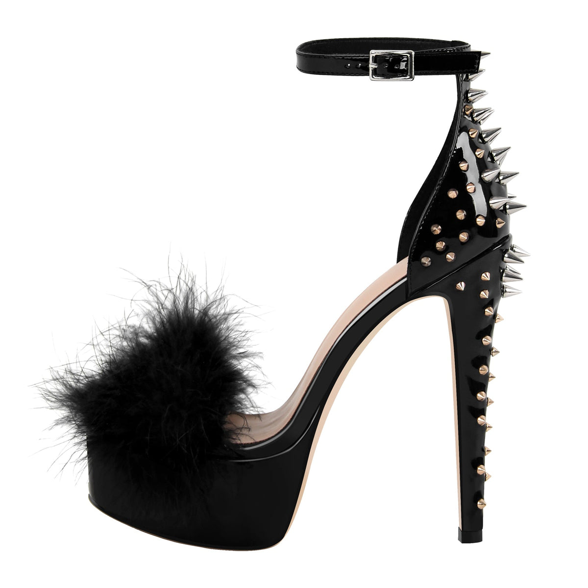 Fur Platform Rivet Ankle Strap Stiletto Sandals - Onlymaker Top Pick
