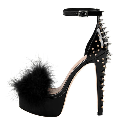Fur Platform Rivet Ankle Strap Stiletto Sandals - Onlymaker Top Pick
