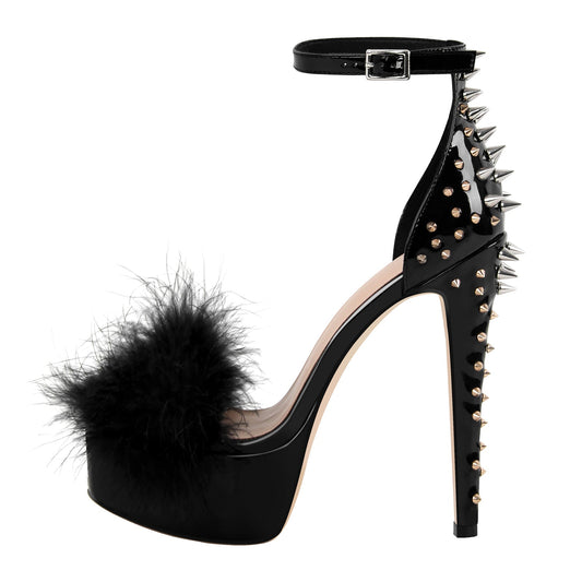 Fur Platform Rivet Ankle Strap Stiletto Sandals - Onlymaker Top Pick