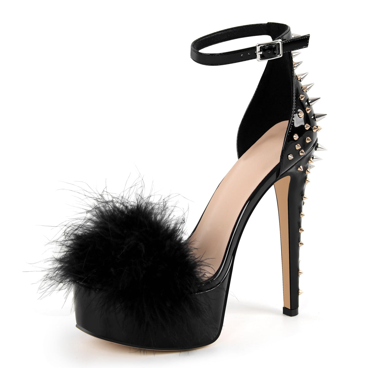 Fur Platform Rivet Ankle Strap Stiletto Sandals - Onlymaker Top Pick
