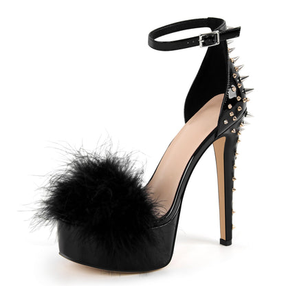 Fur Platform Rivet Ankle Strap Stiletto Sandals - Onlymaker Top Pick