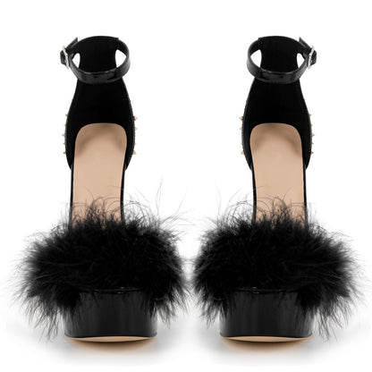 Fur Platform Rivet Ankle Strap Stiletto Sandals - Onlymaker Top Pick