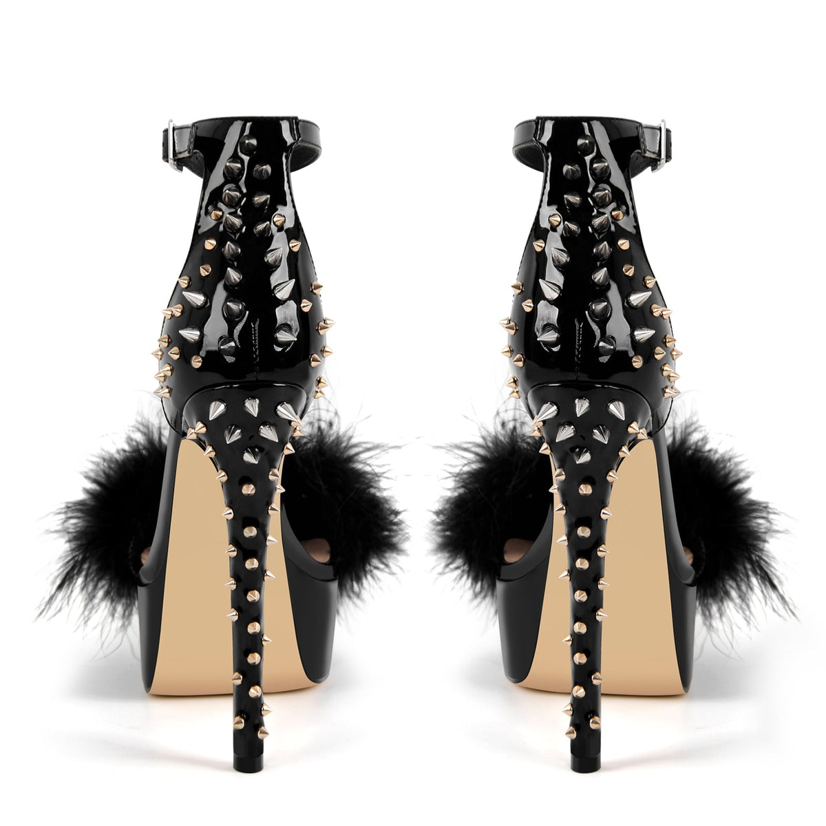 Fur Platform Rivet Ankle Strap Stiletto Sandals - Onlymaker Top Pick