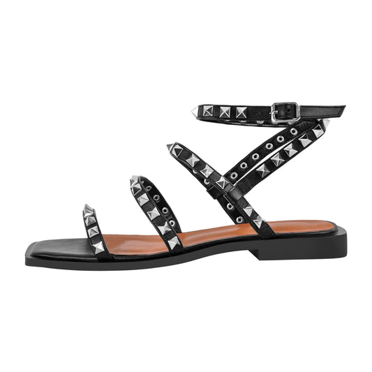 Rivet Square Toe Ankle Strap Flat Sandals - Onlymaker Best Seller