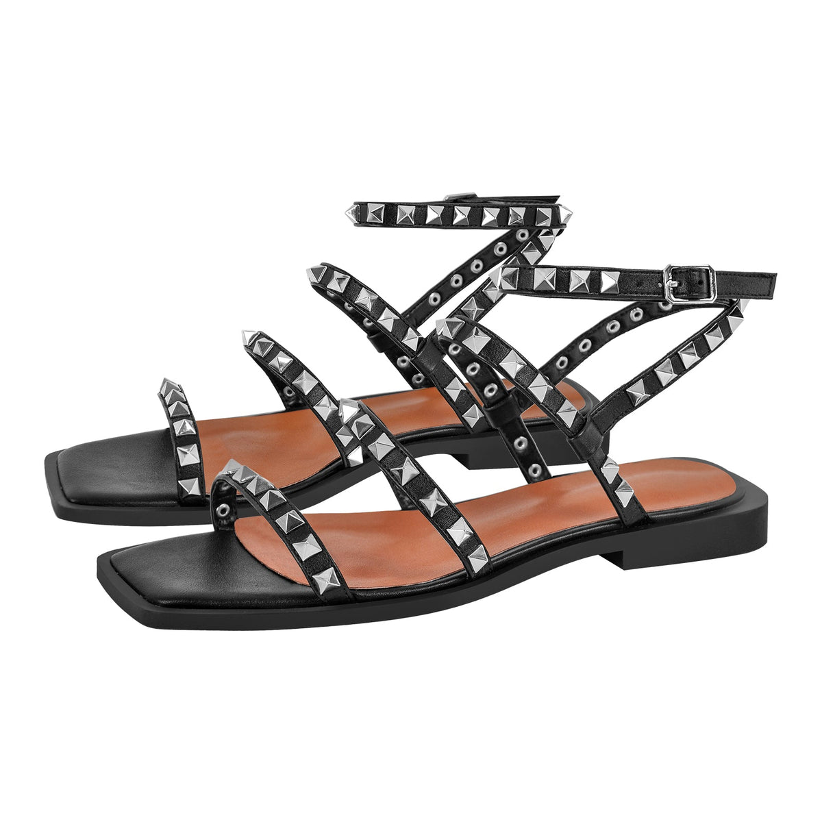 Rivet Square Toe Ankle Strap Flat Sandals - Onlymaker Best Seller